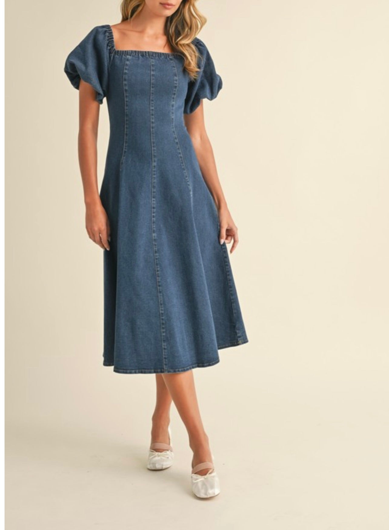 Klesis / Denim Puff Sleeve A-Line Midi Dress / Small Klesis / Denim Puff Sleeve A-Line Midi Dress / Small