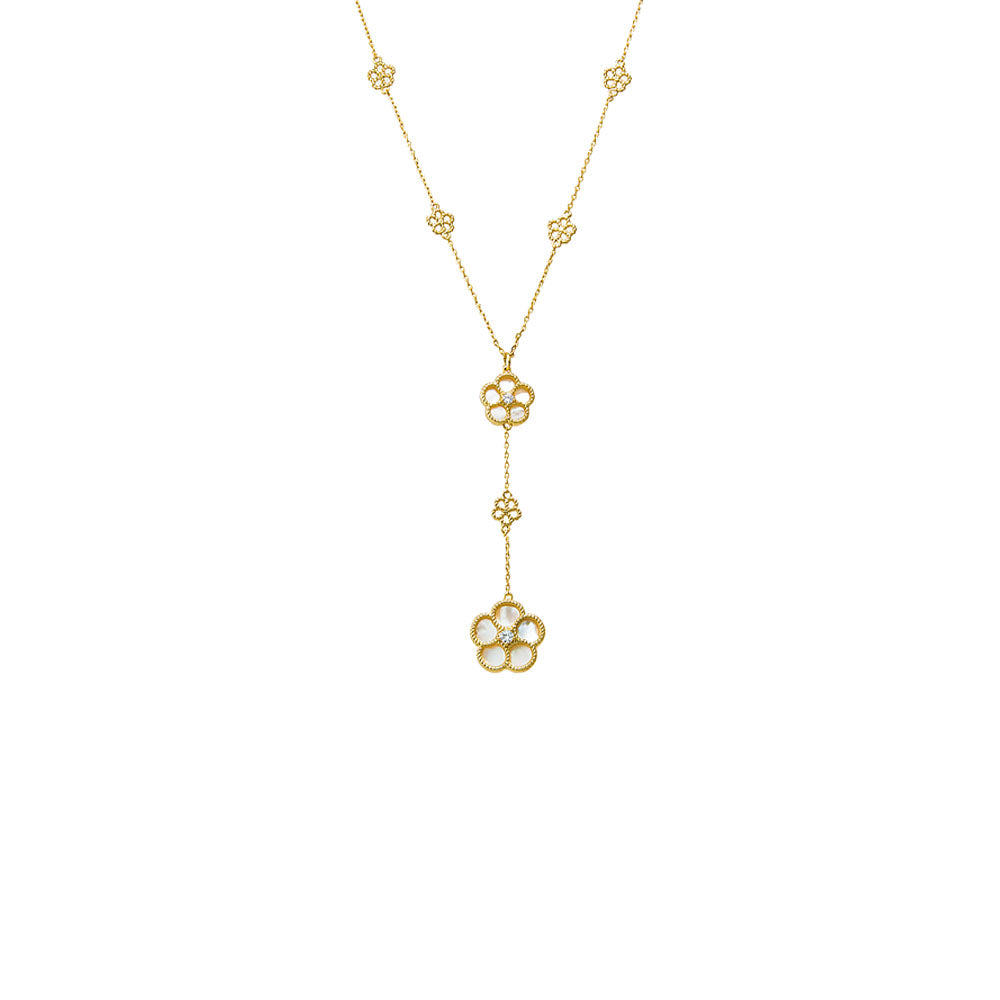 Multi CZ Pave Outlined Colored Flower Stone Lariat Necklace