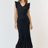Ruffle Sleeve Pleated Mermaid Sweater Maxi Dress in Black