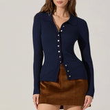Keren Collared Ribbed Knit Cardigan in Navy