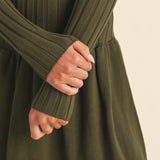 Ribbed Long Sleeve Crewneck Drop Waist Flare Dress in Olive