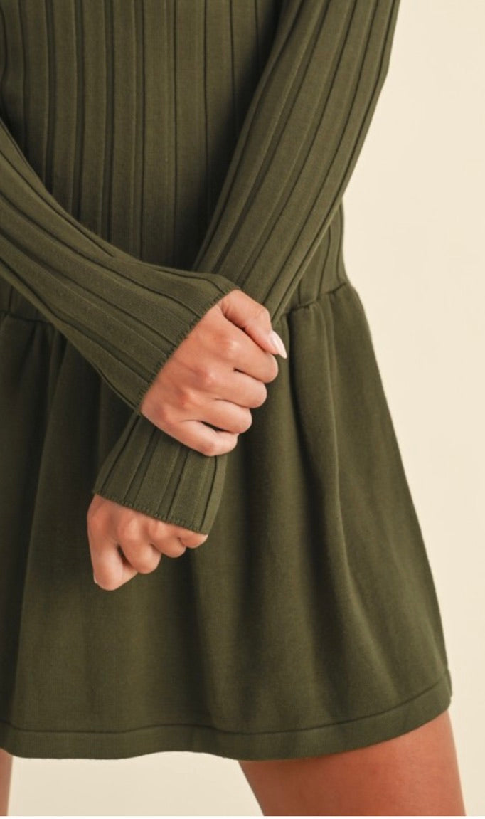 Ribbed Long Sleeve Crewneck Drop Waist Flare Dress in Olive