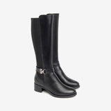 Leather Stretch Buckle Knee Boots in Black