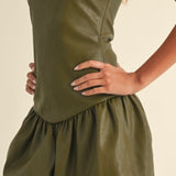 Faux Leather Chevron Drop Waist Mini Dress in Olive