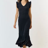 Ruffle Sleeve Pleated Mermaid Sweater Maxi Dress in Black
