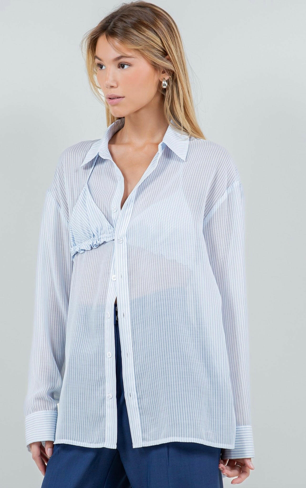 Button-up Sheer Blouse with Bikini Top in White/Blue