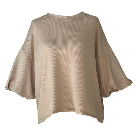 Basic Essentials Ribbed Puffy Sleeve 3/4 Sleeve Top in Latte.