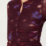 ASTR The Label Yasmine Floral Mesh Ruched Top in Dark Plum Multi