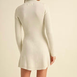 Mock Neck Long Sleeve Fit-and-Flare Mini Dress in Cream