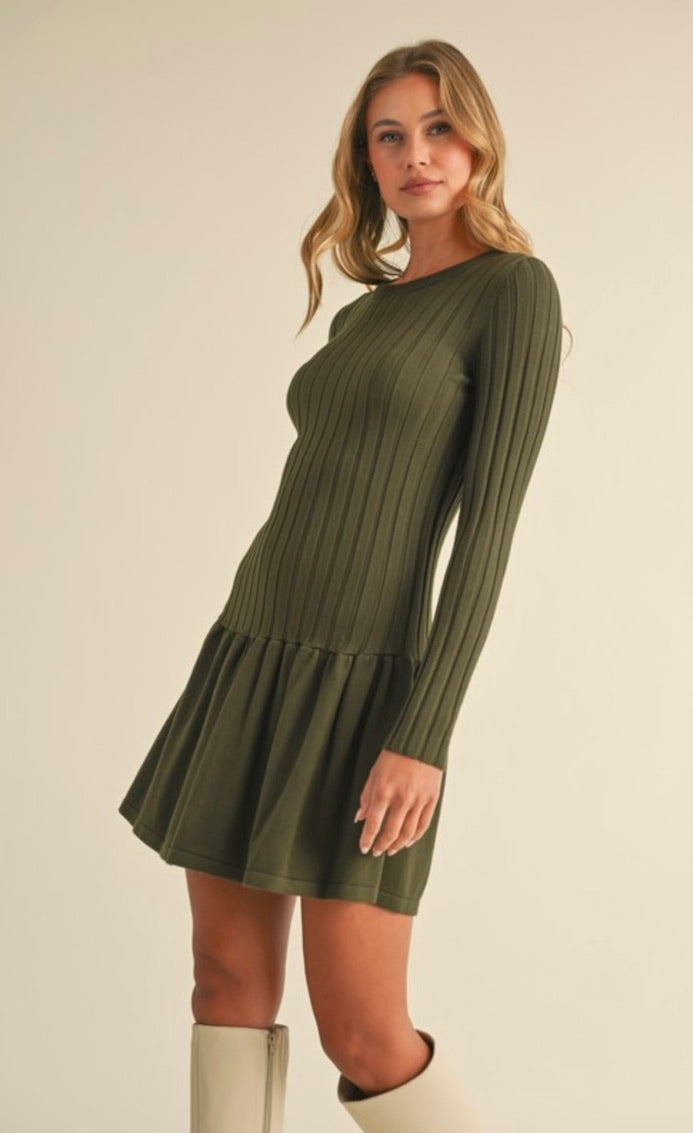 Ribbed Long Sleeve Crewneck Drop Waist Flare Dress in Olive