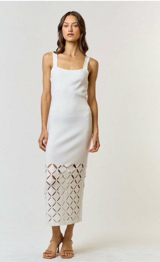 Cut Out Detail Square Neck Sweater Midi Dress in Off-White