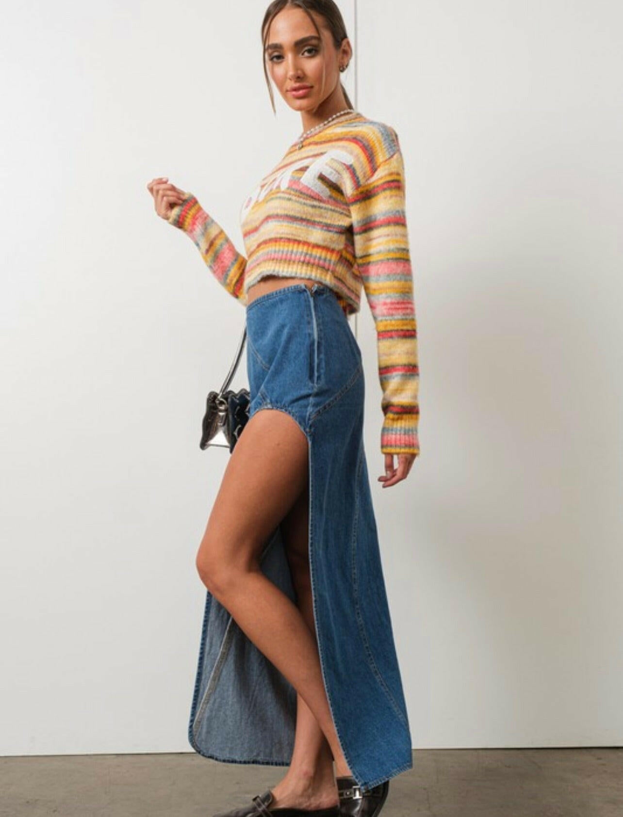 Denim Maxi Skirt with Front Slit