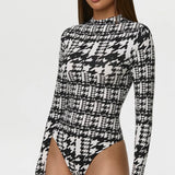Naked Wardrobe Butter Turtleneck Contour Bodysuit in Dual Houndstooth