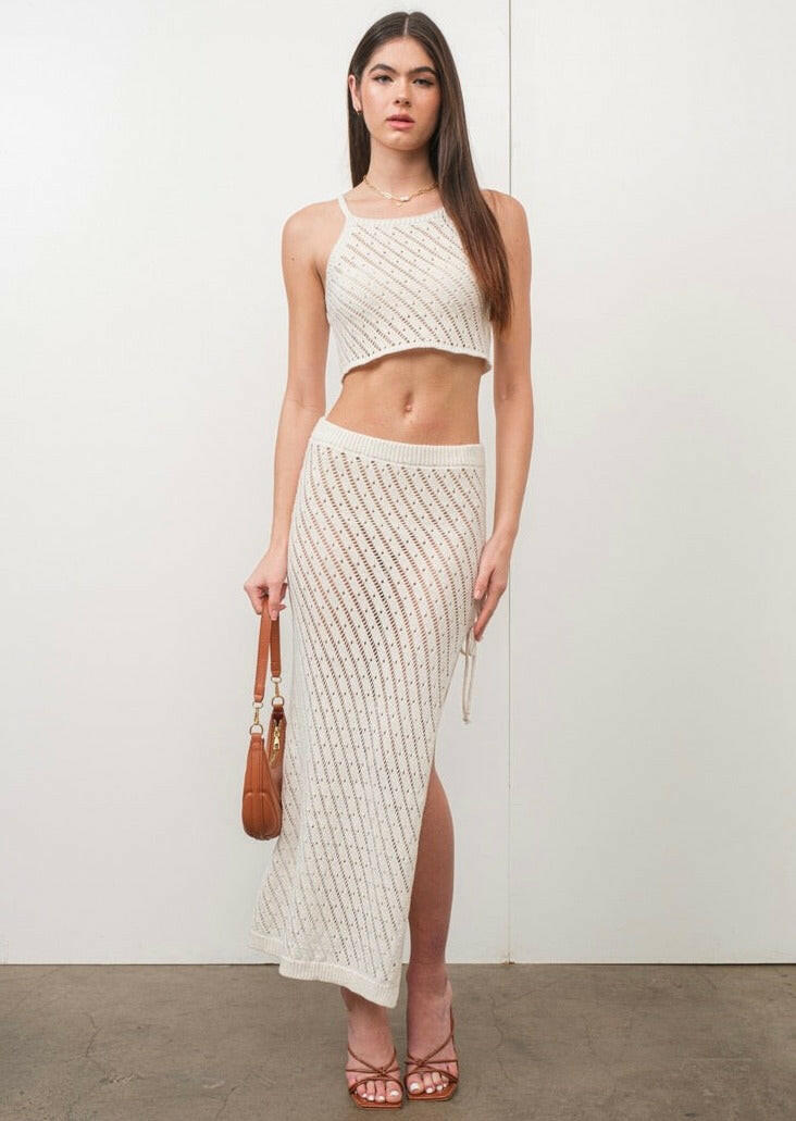 Crochet Maxi Skirt with Side Ties in Off-White