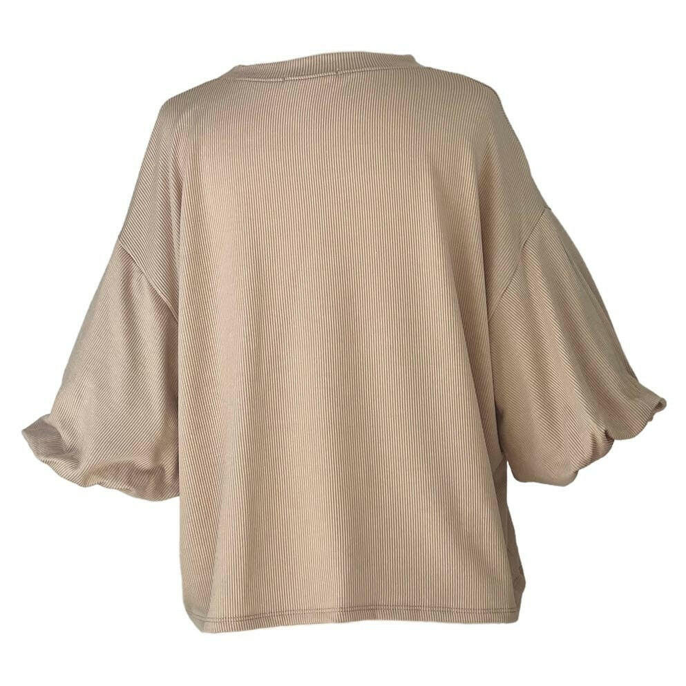 Basic Essentials Ribbed Puffy Sleeve 3/4 Sleeve Top in Latte.