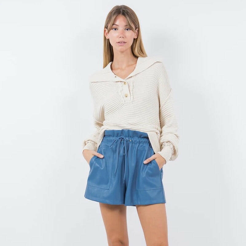 Pocket Detail Leather Shorts in Blue