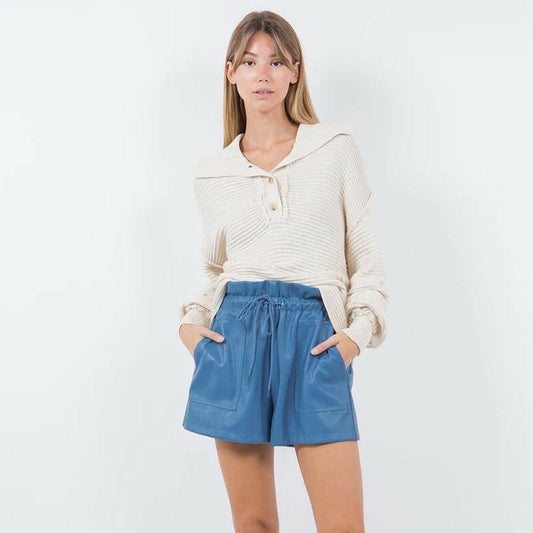 Pocket Detail Leather Shorts in Blue