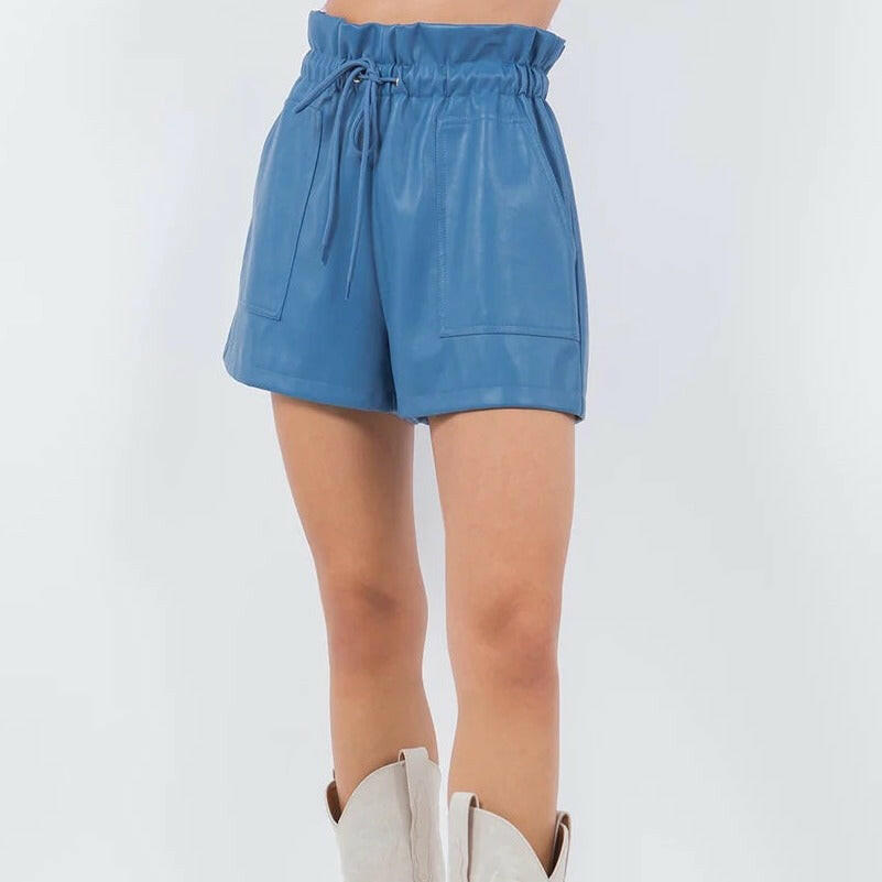 Pocket Detail Leather Shorts in Blue