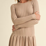 Ribbed Long Sleeve Crewneck Drop Waist Flare Dress in Taupe