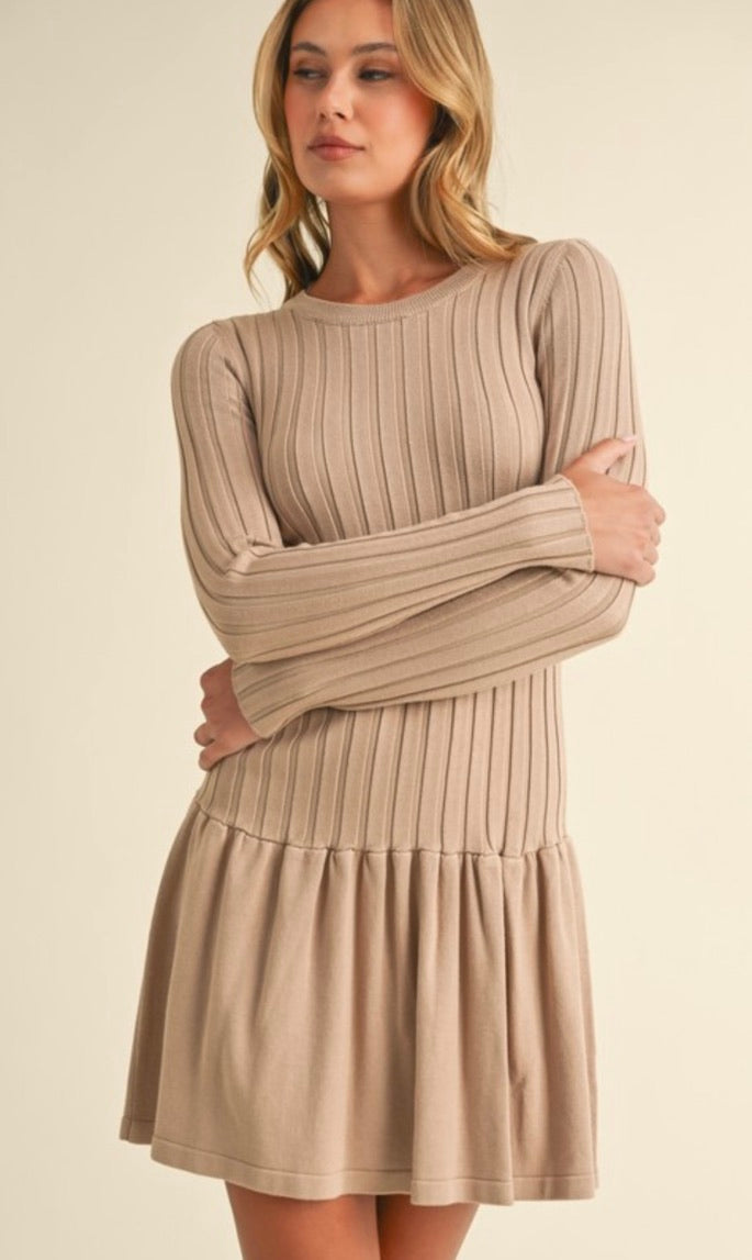 Ribbed Long Sleeve Crewneck Drop Waist Flare Dress in Taupe