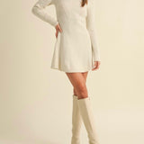Mock Neck Long Sleeve Fit-and-Flare Mini Dress in Cream