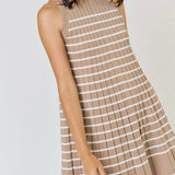 Striped Pleated Sleeveless Sweater Mini Dress in Taupe