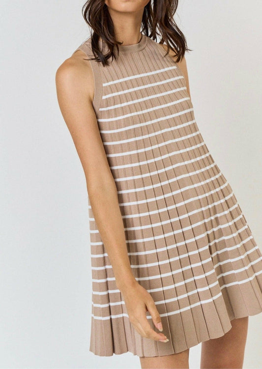 Striped Pleated Sleeveless Sweater Mini Dress in Taupe