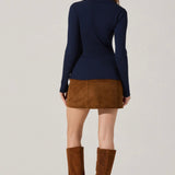 Keren Collared Ribbed Knit Cardigan in Navy