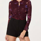 ASTR The Label Yasmine Floral Mesh Ruched Top in Dark Plum Multi