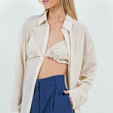 Button-up Sheer Blouse with Bikini Top in Ivory/Camel