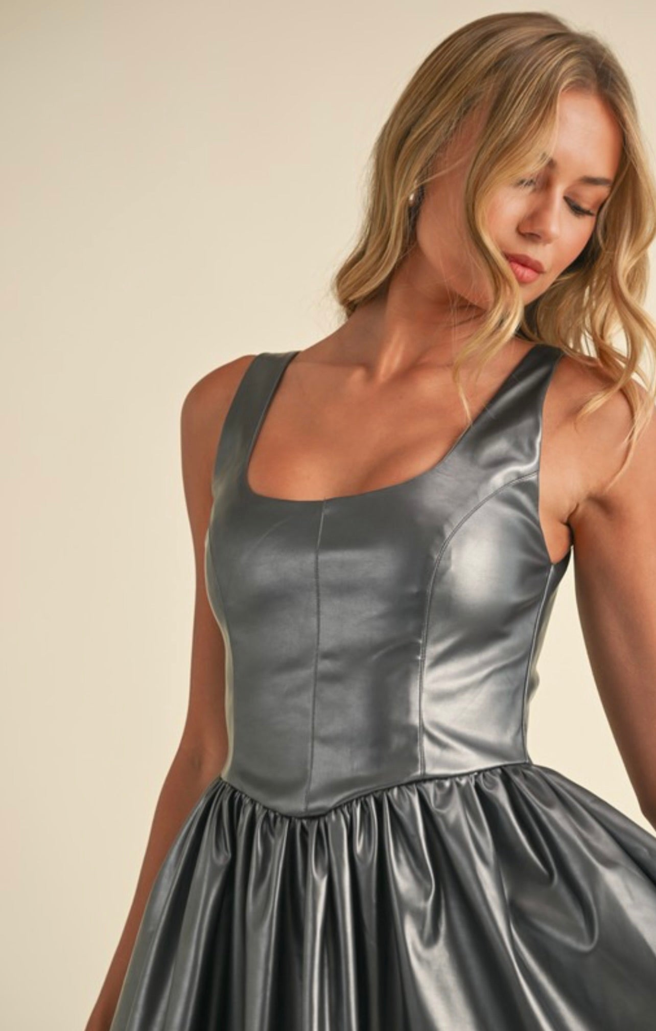 Bustier Top Gathered Flare Skirt Mini Dress in Gunmetal