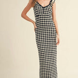 Checkered Crochet Knitted Ruffle Sleeve Dress in Black & Stone