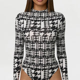 Naked Wardrobe Butter Turtleneck Contour Bodysuit in Dual Houndstooth