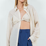 Button-up Sheer Blouse with Bikini Top in Ivory/Camel