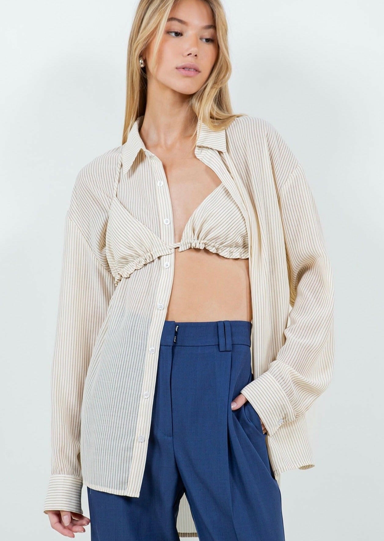 Button-up Sheer Blouse with Bikini Top in Ivory/Camel