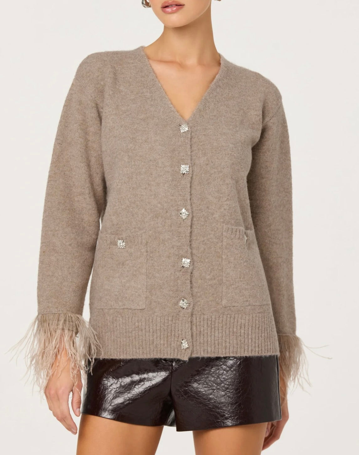 ASTR The Label Grie Embellished Feather Trim Cardigan
