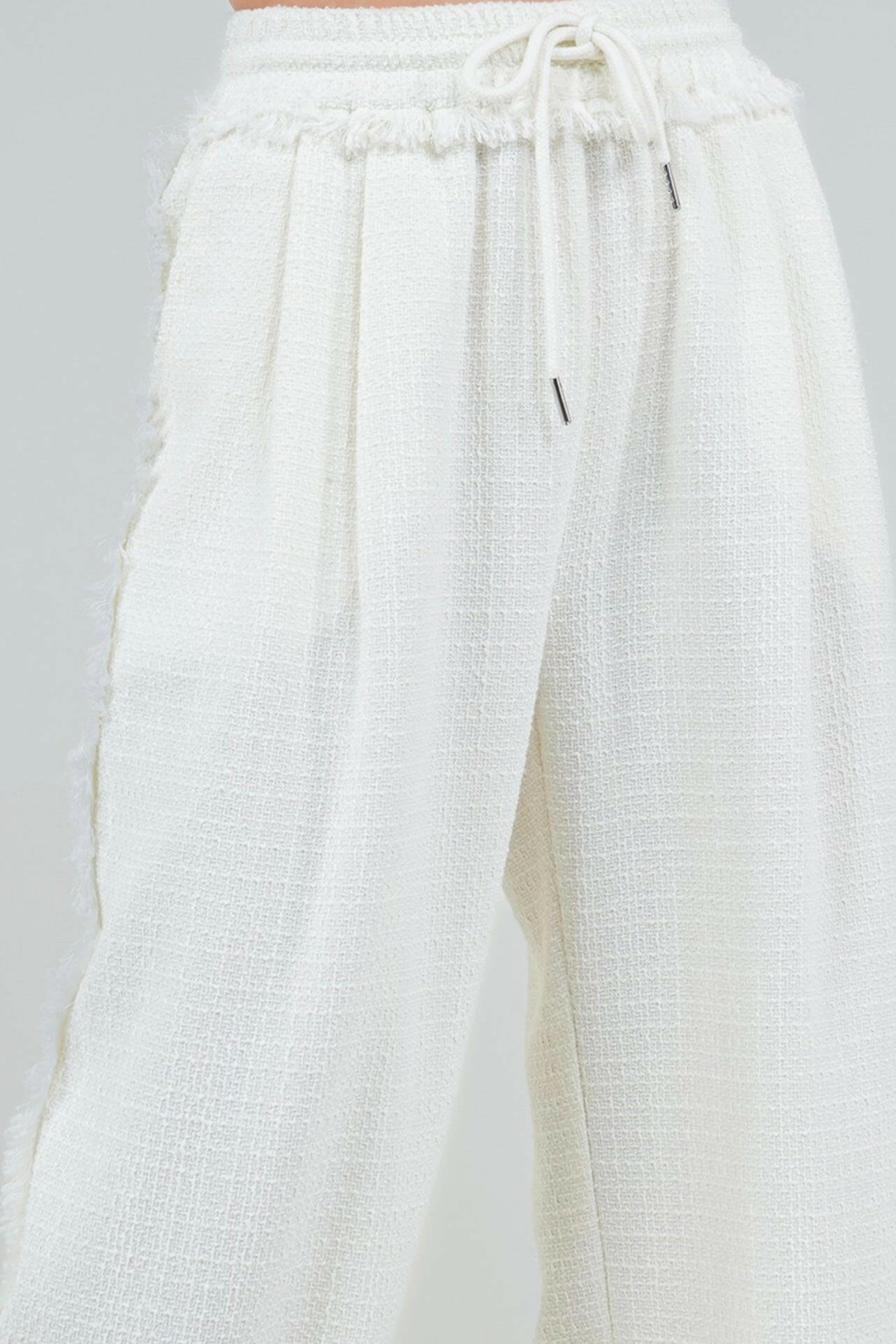 Wide Drawstring Fringe Pants in Ivory