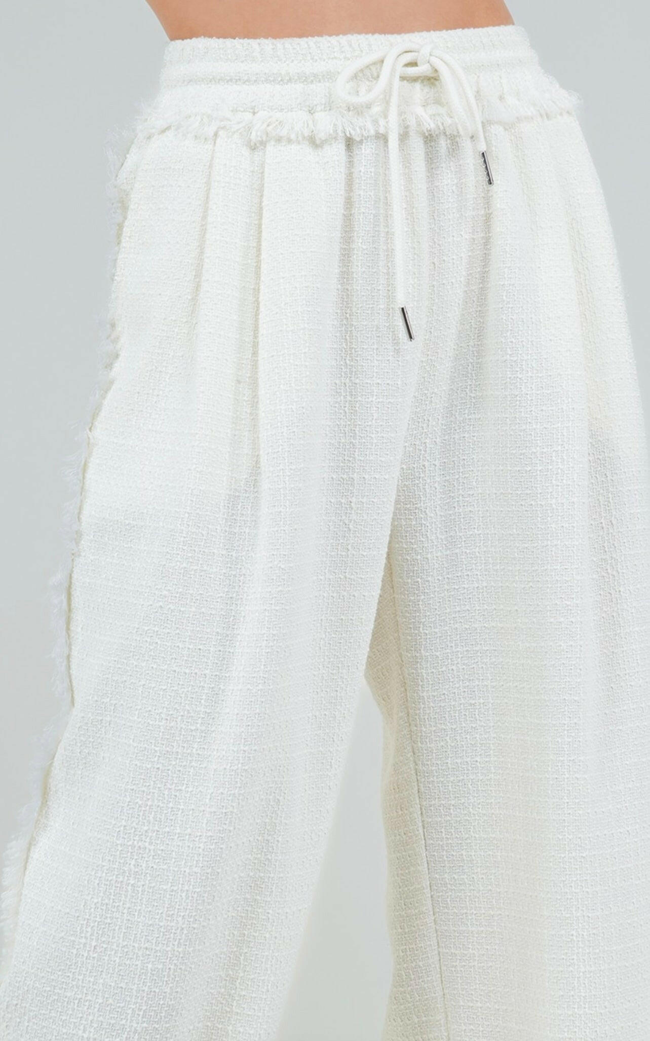 Wide Drawstring Fringe Pants in Ivory