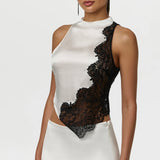 Naked Wardrobe Silk Lace Asymmetric Top
