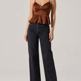 Paislee Satin Pleated Peplum Top in Brown
