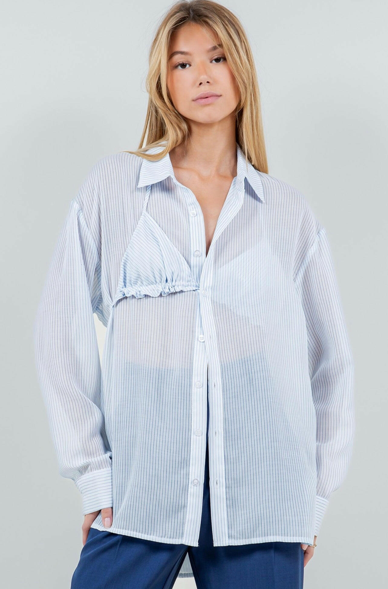 Button-up Sheer Blouse with Bikini Top in White/Blue