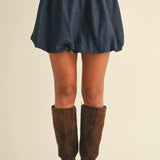 Denim Balloon Bubble Mini Skirt in Dark Denim