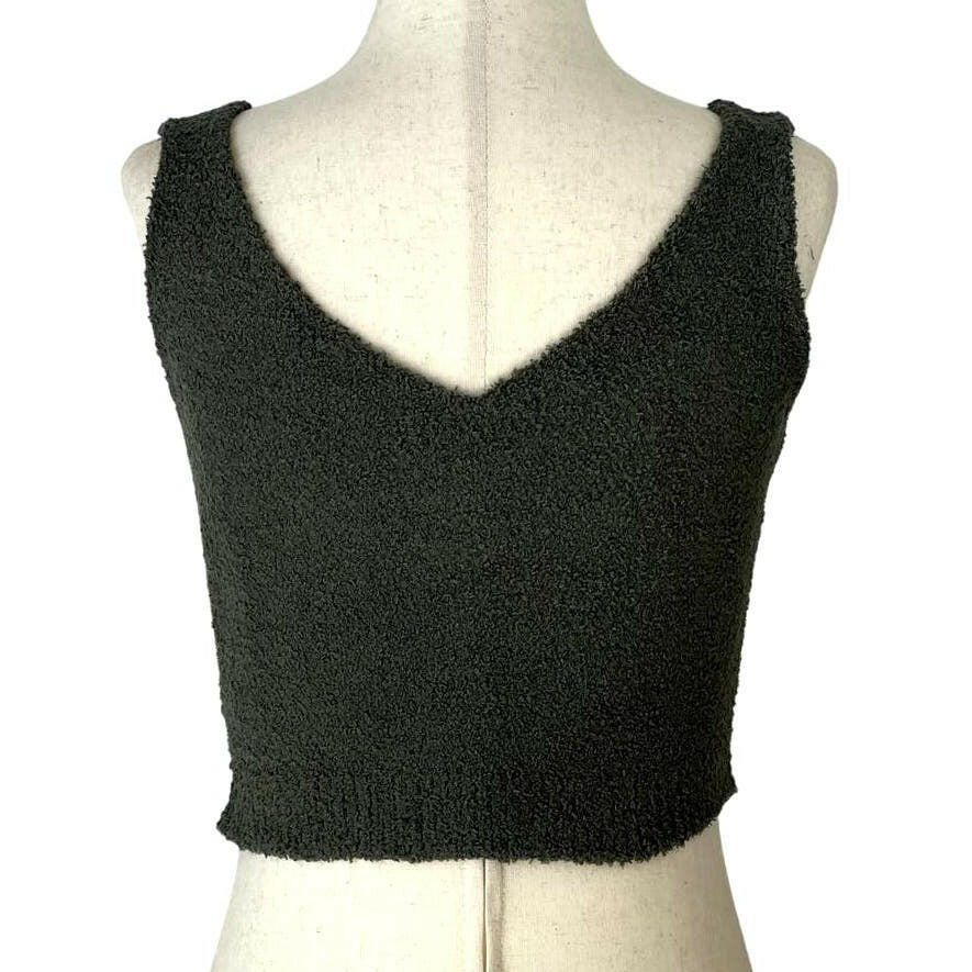 Solid Color Luxury V-Neck Crop Top in Olive Green