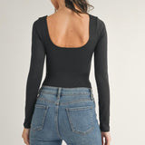 Self Double Scoop Neck Long Sleeve Bodysuit in Black