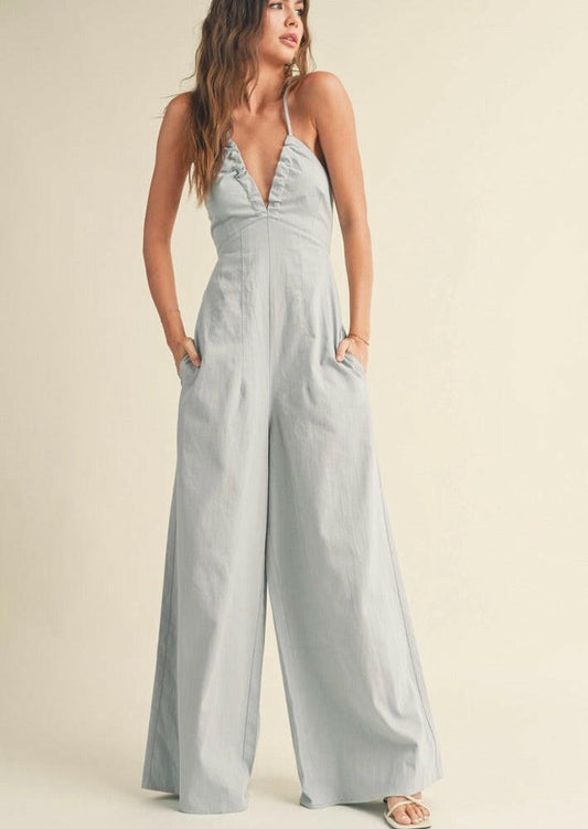 Washed Cotton Jumpsuit in Light Denim