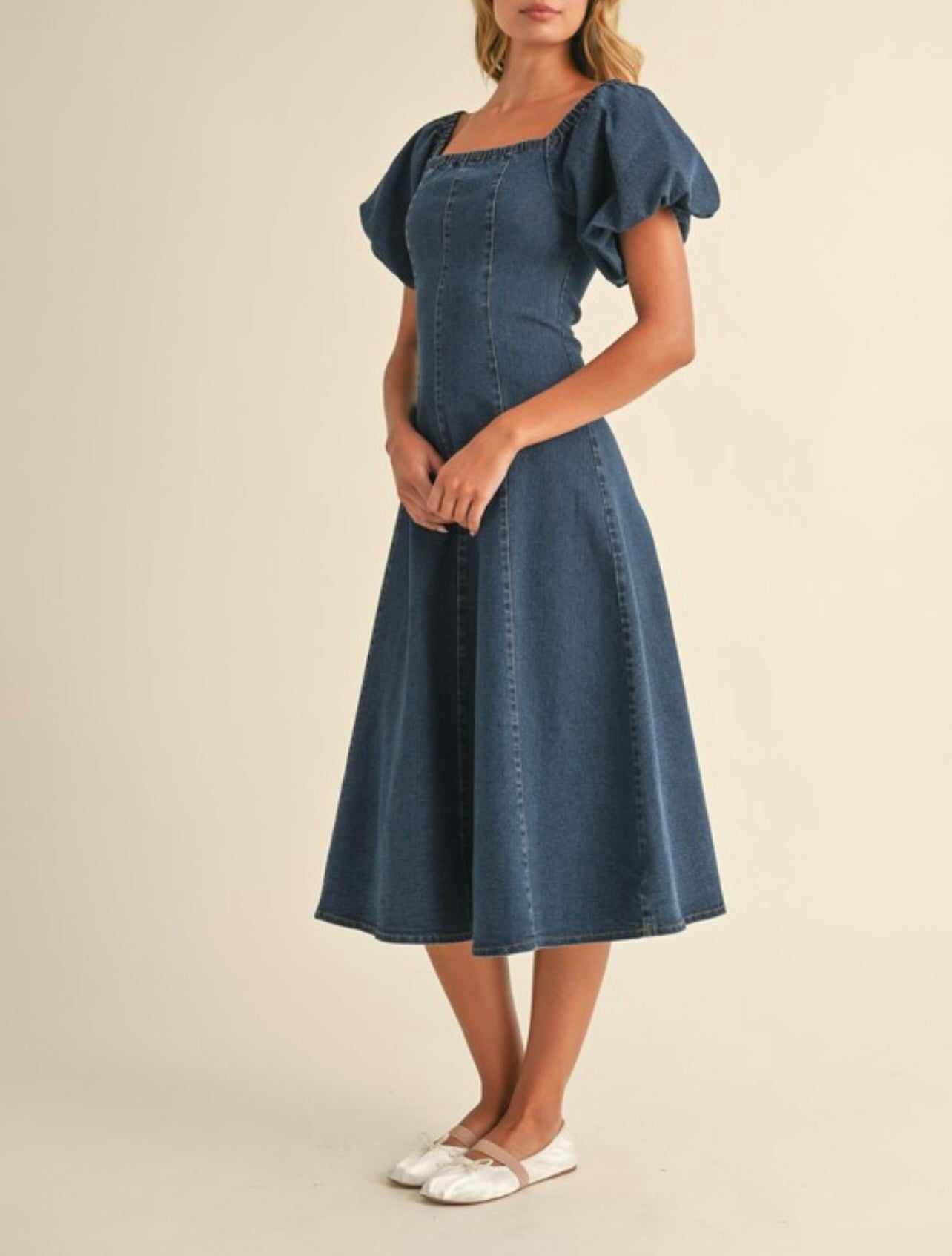 Denim Puff Sleeve A-Line Midi Dress Sierra Deene Denim Puff Sleeve A-Line Midi Dress Sierra Deene