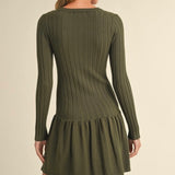 Ribbed Long Sleeve Crewneck Drop Waist Flare Dress in Olive