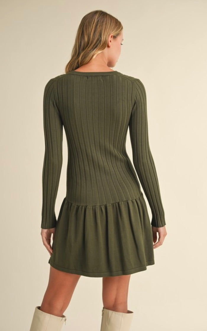 Ribbed Long Sleeve Crewneck Drop Waist Flare Dress in Olive