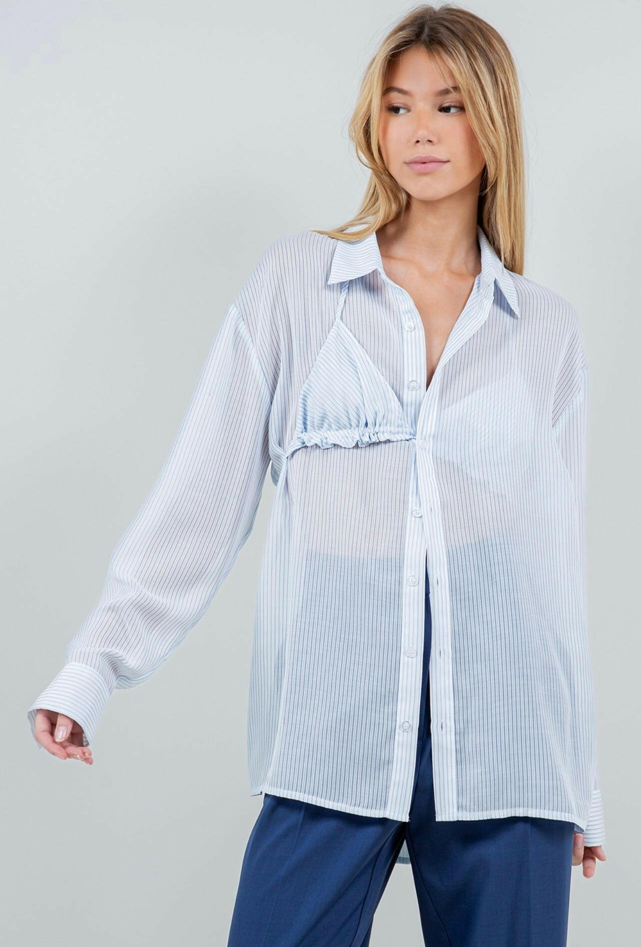 Button-up Sheer Blouse with Bikini Top in White/Blue