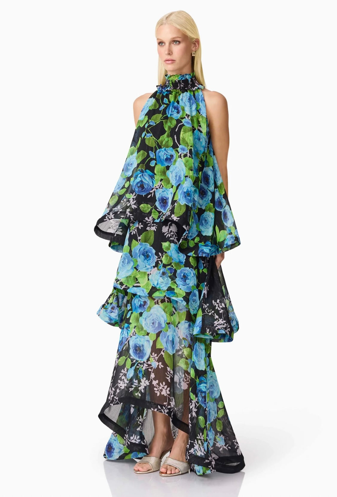 Briony Tiered Gown in Black and Blue Floral